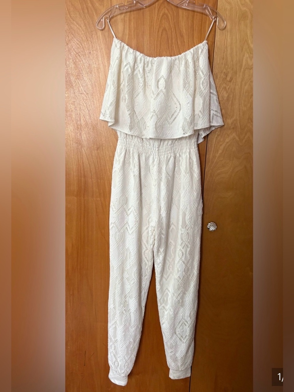Fuzzy Italian Designer white lace strapless jumpsuit bridal wedding size s